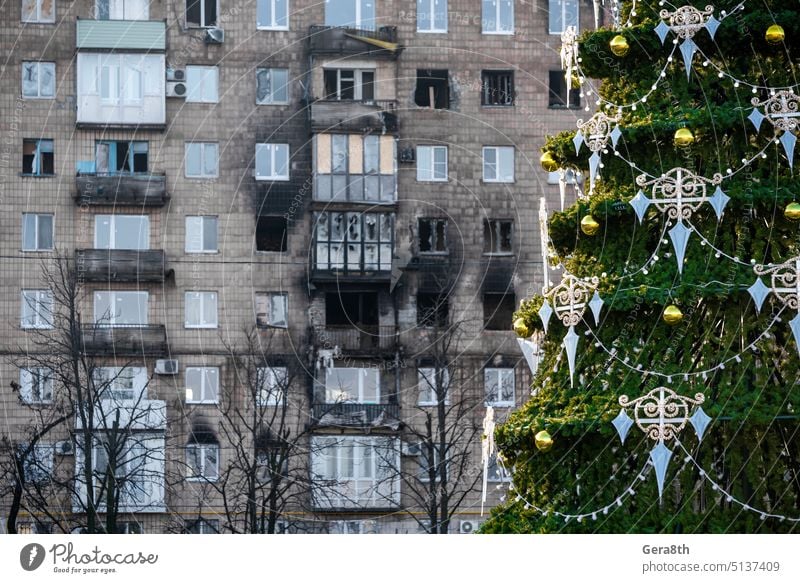 Christmas tree with toys near the house in the ruined city in Ukraine Donetsk Kherson Kyiv Lugansk Mariupol Russia Zaporozhye abandon attack bombardment broken