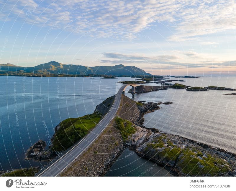 Aerial photography with drone on Atlantic road in Norway Archipelago Averoy Beach pretty Beauty & Beauty Blue cloud Clouds coast coastline drone photo Grass