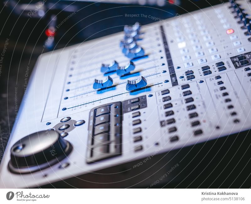 Professional Recording Studio. Interface of equipment for sound processing. Fader. Different modes of audio console. Working on song or voice audience