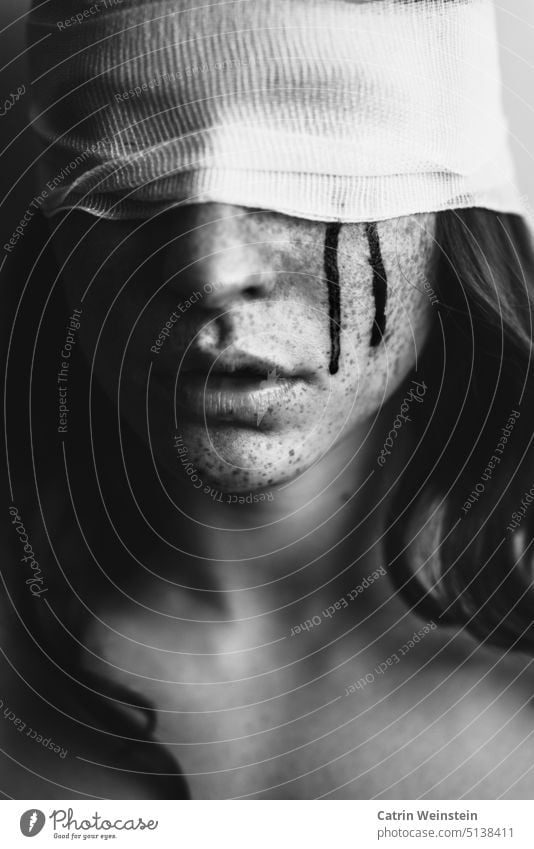 Woman blindfolded crying black tears Black & white photo Tears Freckles interconnected Feminine long hairs Lips Cry Grief Sadness Face portrait Distress Eyes