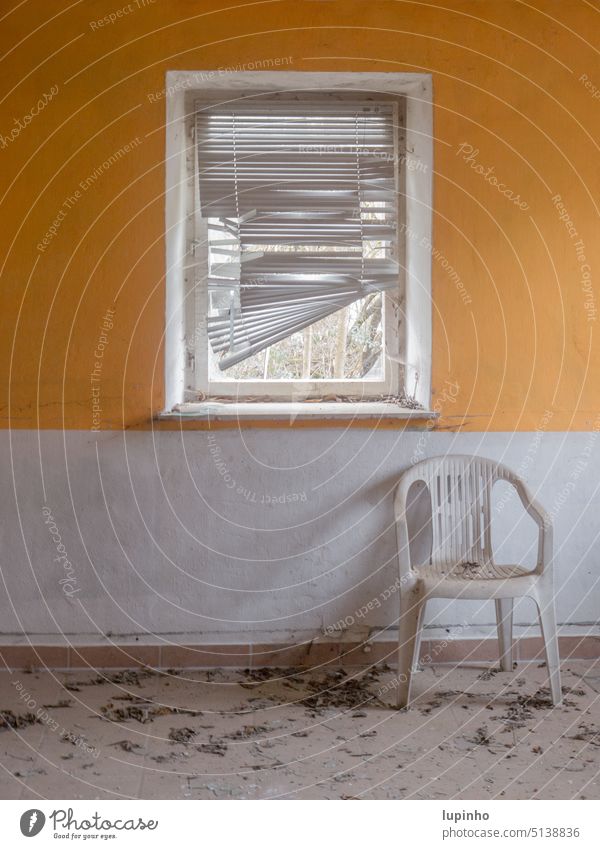 Plastic chair in front of a window with blinds down Venetian blinds orange white Wall (building) lostplace farm Bavaria interior leaves Old forsake sb./sth.