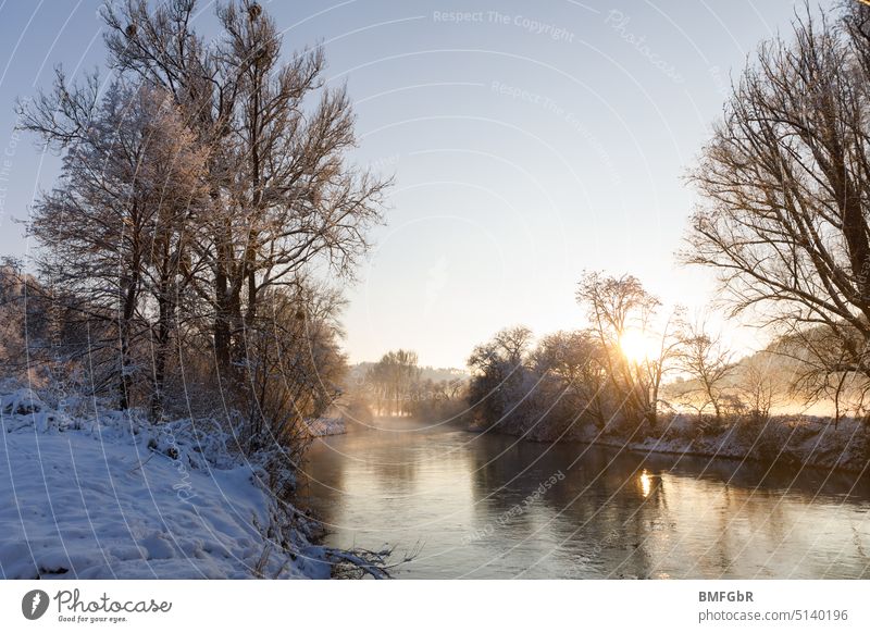 Evening atmosphere in winter landscape with river Winter mood Snowscape Winter's day River Water Landscape Environment Frost Nature chill reflection Outdoors