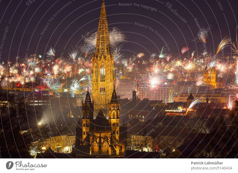 New Year's Eve turn of the year Freiburg missiles Firecracker munster of freiburg Old town downtown Germany Baden-Wuerttemberg Church Night shot Long exposure