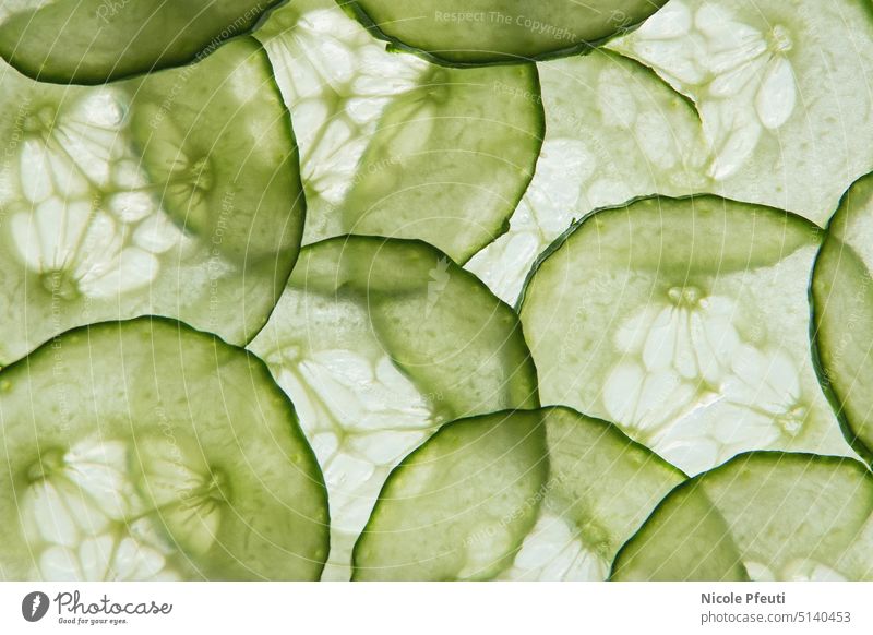 Cucumber slices flooded with light Slices of cucumber Cucumbers Food Vegetable Colour photo Vegetarian diet Healthy Eating Green Delicious Fresh salubriously
