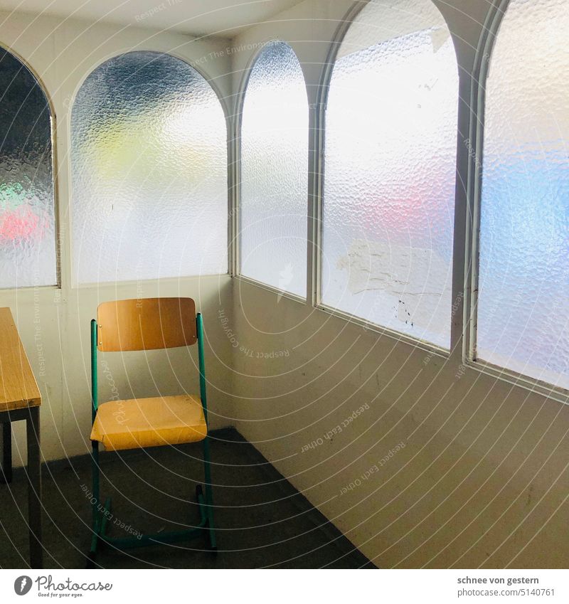 narrow room with view through frosted glass aka Berlin bus shelter Room Chair Window Sparse Empty Wall (building) Light Deserted Loneliness Old Calm