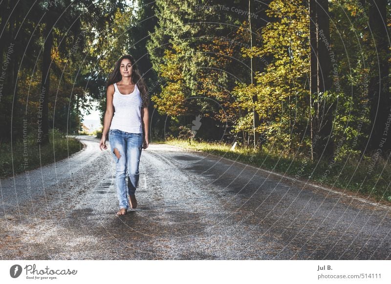 Blue jeans white shirt Feminine Young woman Youth (Young adults) Body 1 Human being 18 - 30 years Adults Nature Forest Street Moody Dangerous Colour photo