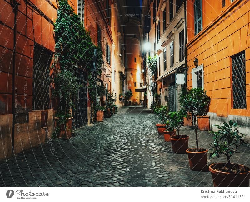 Evening or night view of old cozy street in Rome, Italy. Cityscape of italian capital with nobody. rome italy building city evening roma europe travel roman