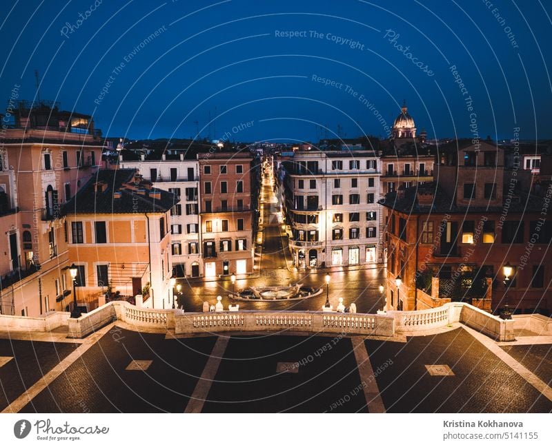 1 July 2018, Rome, Italy. Spanish Steps in Rome, Italy. Piazza di Spagna at night. There are nobody of tourists. View from top. rome italy architecture church