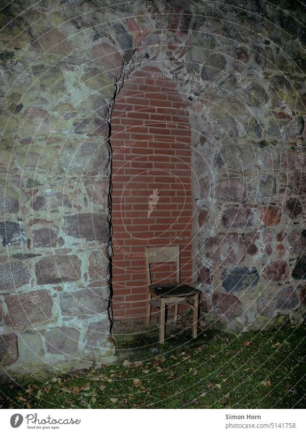 Chair in ruin of a church stonewalled Ruin Church Historic Wall (barrier) Breach Old Wait Empty Vacancy Decline dissolution Transience Sanctuary bricked up