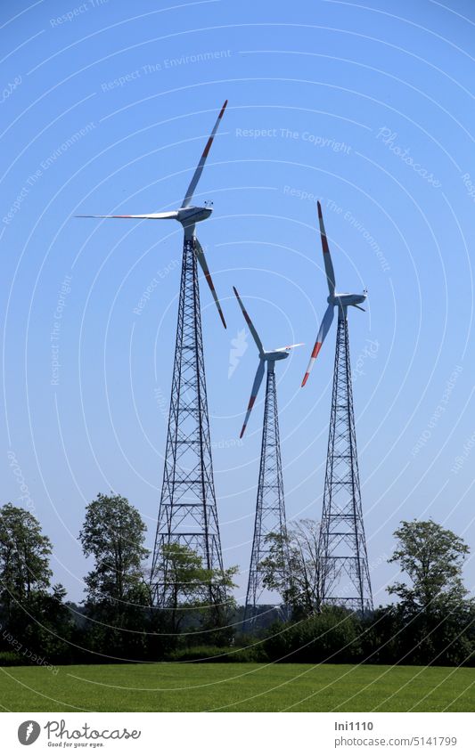 three wind turbines with lattice towers wind farm sunshine wind power Environment Rotor Rotor blades windmills Pinwheel Steel carrier Renewable energy