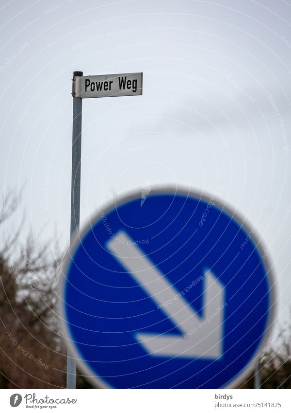 Powerweg , street name with directional traffic sign power Force off Energy Energized awakening recharge your batteries vigorously power up enforcement