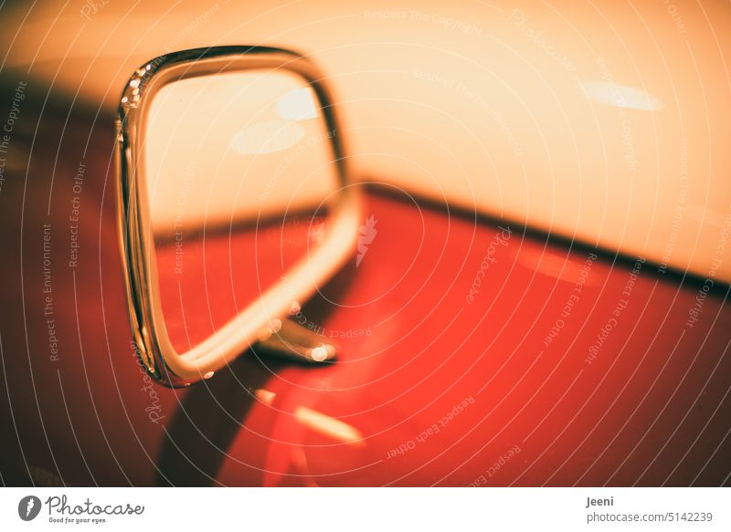 Image interference | kink in the optics Vehicle car Red Rear view mirror Line discontinuity Car Mirror Side mirror Mirror image Reflection Old Vintage car Retro
