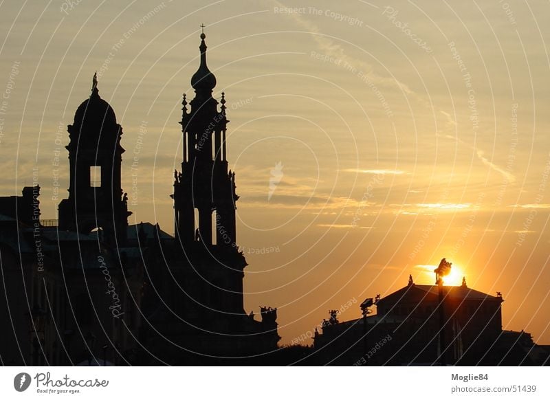 Dresden at sunset Colour photo Deserted Evening Twilight Sunrise Sunset Long shot Germany Europe Town Old town Skyline Church Dome Castle Looking