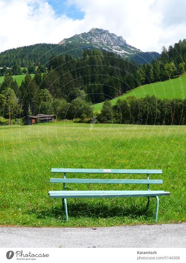A bench, a meadow and behind it the Rötelstein. Bench Resting place seat rest Hiking hike Meadow Grass Green Forest trees mountain red chalk Austria Salzburg