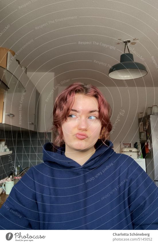 Kitchen selfie Sweater red hair Human being Red Blue Hair and hairstyles Woman Colour photo Interior shot Face Feminine Funny Young woman Looking Room naturally