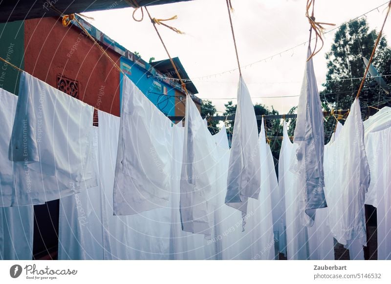 White laundry on the line in front of colorful house walls Laundry clothesline variegated Washing day neat Pure Dry Household Clean Hang up Fresh Bedclothes