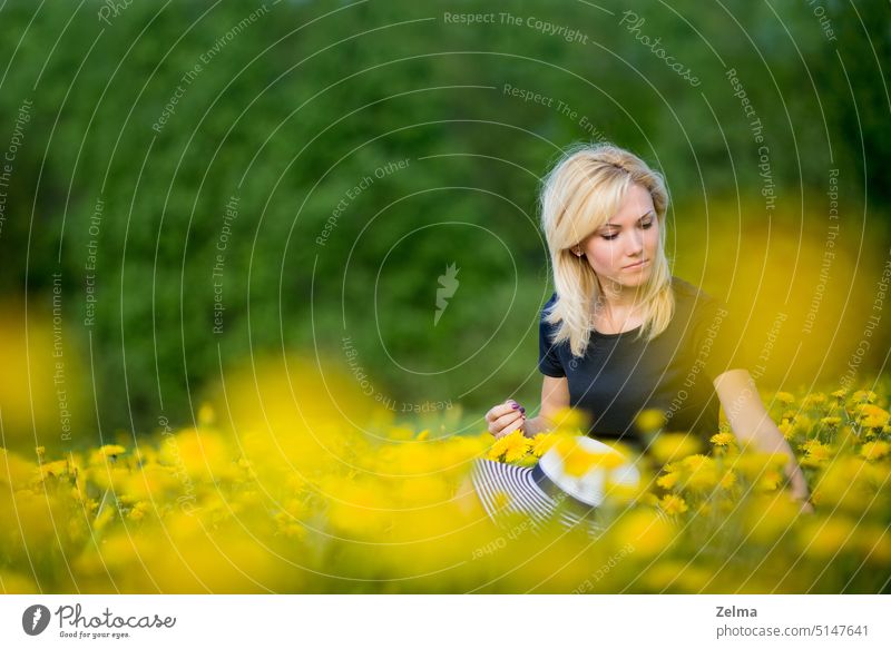 A young blonde woman rests in a blooming dandelion meadow, a portrait in a spring mood female beautiful woman Beautiful Dandelion Dandelion field blossom