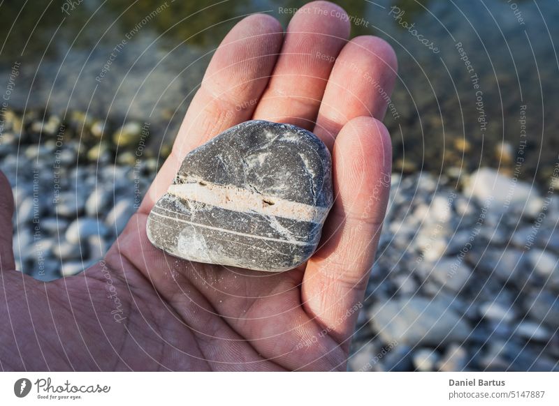 Gray stone with white stripes in a hand with a river in the background agriculture asia breeds building cement chloride crystal extraction farm finger