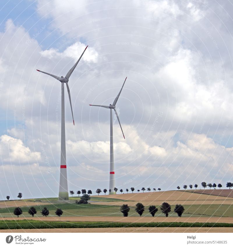 two huge wind turbines stand on fields with tiny appearing rows of trees against cloudy sky Pinwheel Wind energy plant Field Meadow Tree Row Large Small Sky