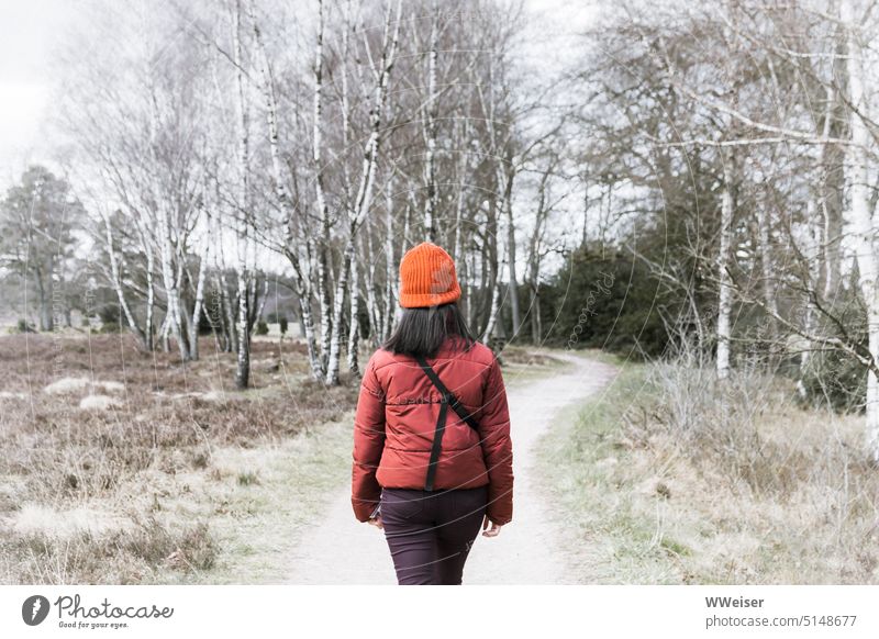 The young woman is dressed warmly for the hike through the wintry moors Hiking To go for a walk stroll Winter Heathland off Walking path Landscape Nature