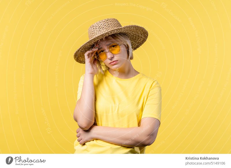 Worried sad woman, no, she forgot. Disappointed girl feeling sorrow, regret, drama, failure, problems on yellow background. face palm boy facepalm hand portrait