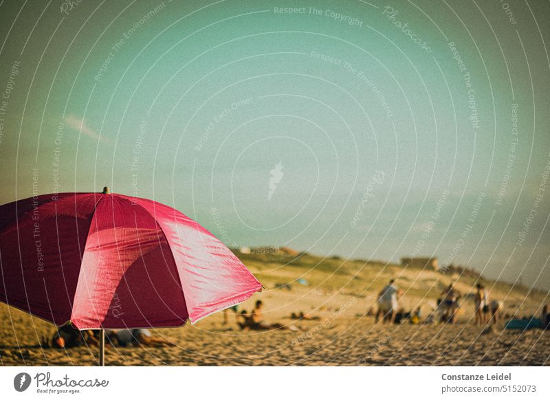 Sunshade on the beach vacation Vacation & Travel Summer Sand Beach Ocean Sky Tourism Summer vacation Landscape Relaxation Beautiful weather summer heat pink