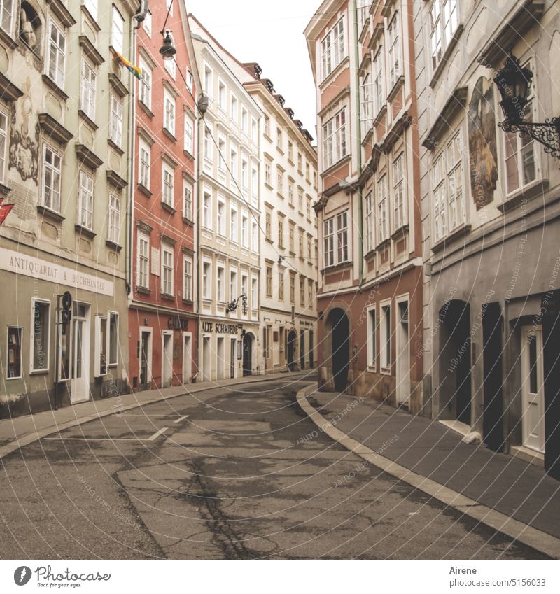 color reduced | on a dull day Street Alley Deserted Old town Housefront Facade Gray Curve Calm Town Subdued colour Dark With light traffic Facades Vienna Dreary