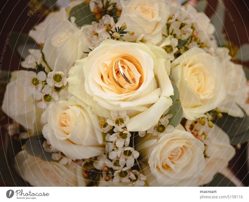 Wedding bouquet with wedding rings bridal bouquet Flower Bouquet Love Romance Blossom roses Yellow golden Rings Wedding rings In love engaged Married
