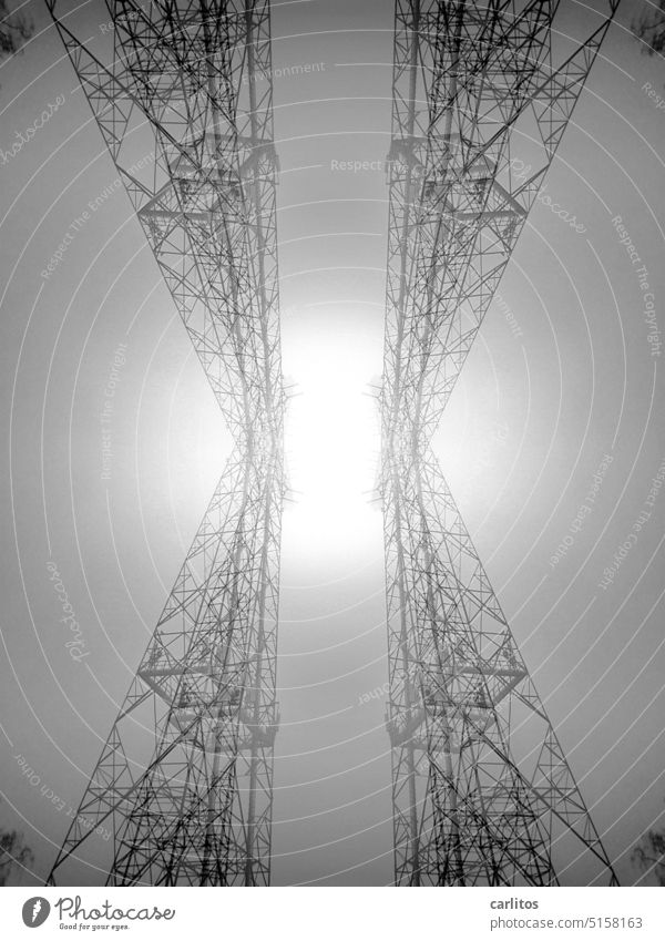 Mirrored reflection of a double exposed radio mast | mirrored egg game Pole lattice mast Radio Fog Diffuse Technology Electricity Energy structure statics