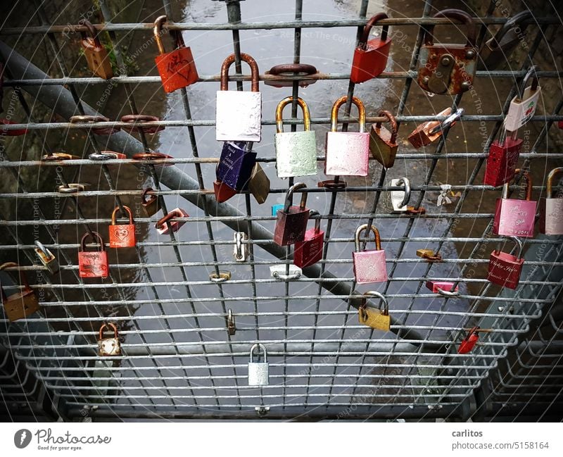 Strongly expandable | Love locks on bridge over the Leine Canal Bridge rail Grating Lock Love padlock Loyalty Padlock Romance Together Emotions Infatuation