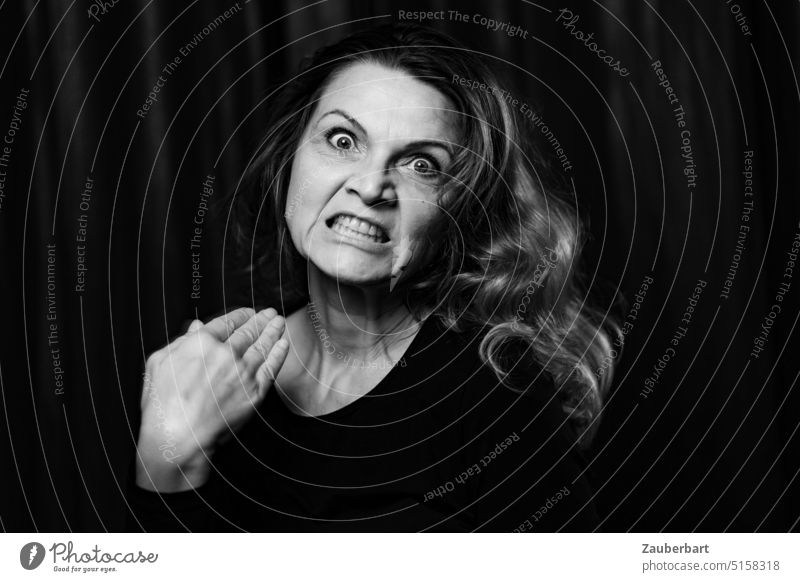 That's enough! Woman rabid stop angry Grimace Hand ending energetic eyes ripped Anger black-white B/W portrait hair gleaming announcement Aggravation Annoying