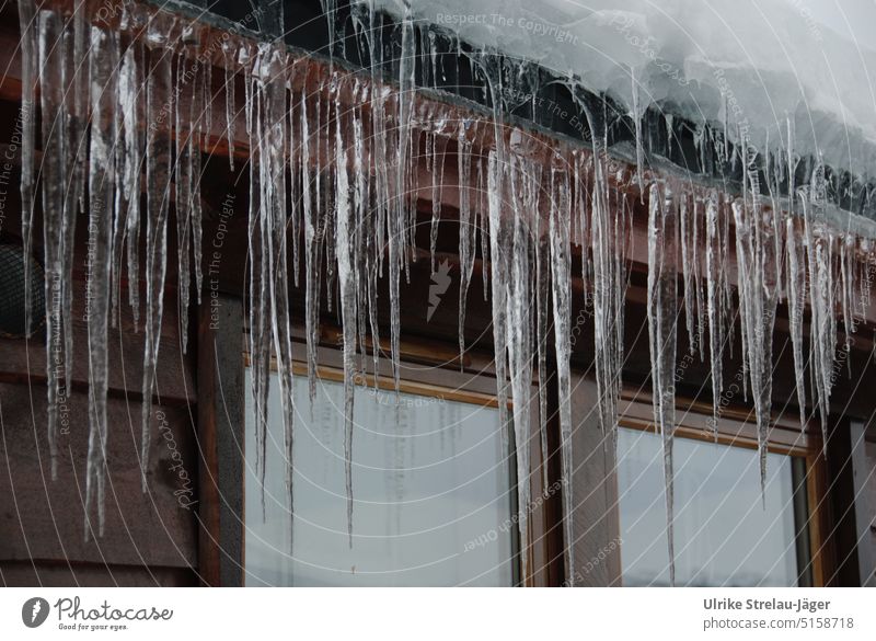 Icicles on snow covered roof in front of a window Winter Cold chill Window Ice Wooden house Frozen Climate Winter mood Winter's day Freeze winter Exterior shot