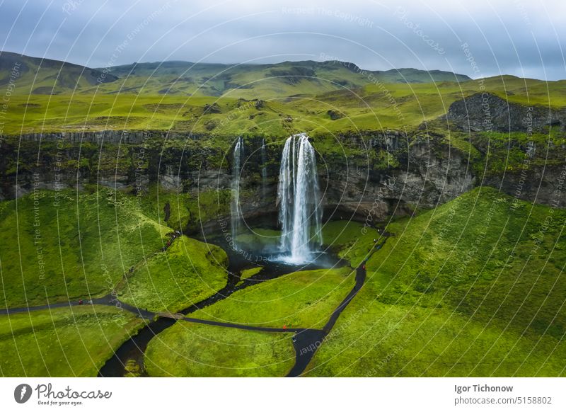 Aerial photo of most visited Seljalandsfoss waterfall, Iceland iceland seljalandsfoss aerial nature landscape sky cliff summer beautiful travel natural mountain