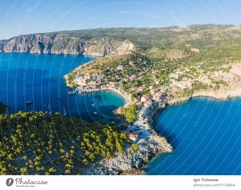 Assos in island of Cefalonia, Ionian, Greece. Aerial drone photo of beautiful and picturesque colorful traditional fishig village greece ionian panoramic