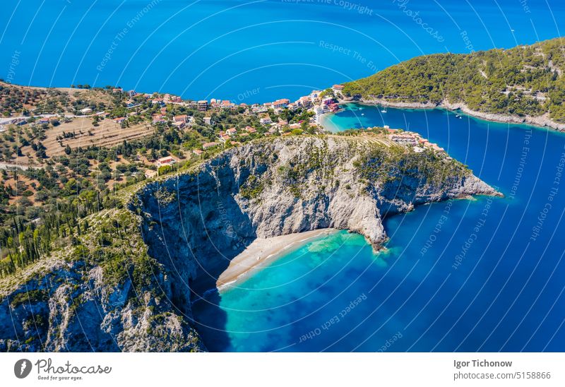Aerial panoramic view of Assos village coast. Kefalonia island, Greece. Travel summer vocation concept greece aerial ionian cefalonia assos drone colorful