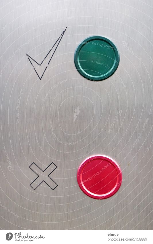 green push button with a check mark and red push button with a cross on a silver metal vending machine Red Green Unicode Pictogram tick Cross Coding