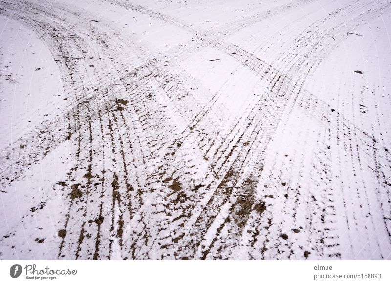 at a fork in the road, tire tracks in the snow lead to the left and to the right / make a decision Car track Snow Snow track Left Right Decide branch Winter