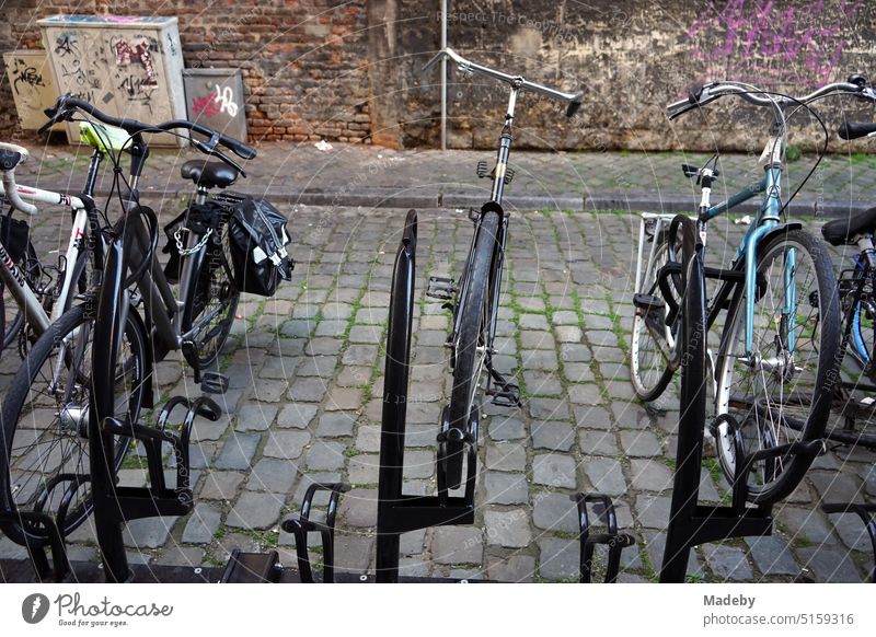 Bicycle stand with typical Holland bikes with saddle bag in front of old brick with graffiti and distribution box in an alley with cobblestones in the old town of Maastricht on the Meuse river in the province of Limburg of the Netherlands