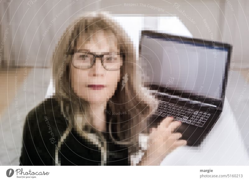 Surprised! Woman at notebook, pixelated Face Computer Keyboard Office Notebook Workplace labour Eyeglasses Business Table Blonde Technology Desk work Typing
