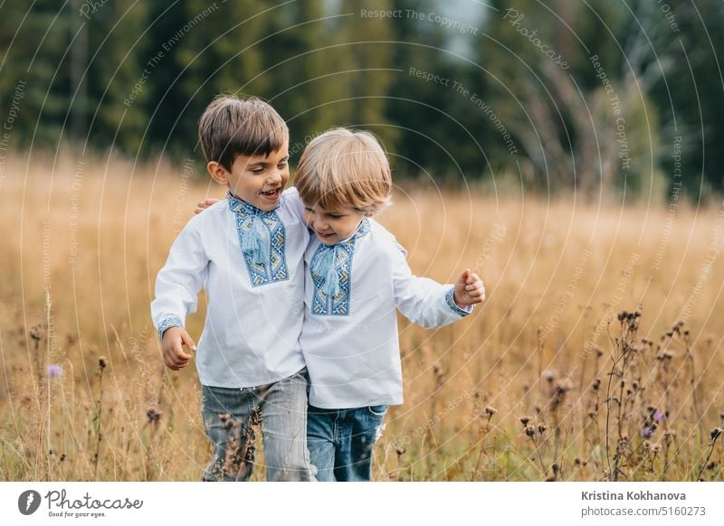 Happy glad boys - Ukrainian patriots children on meadow of Carpathian mountain. baby background blue bright brothers care carpathian mountains cheerful country