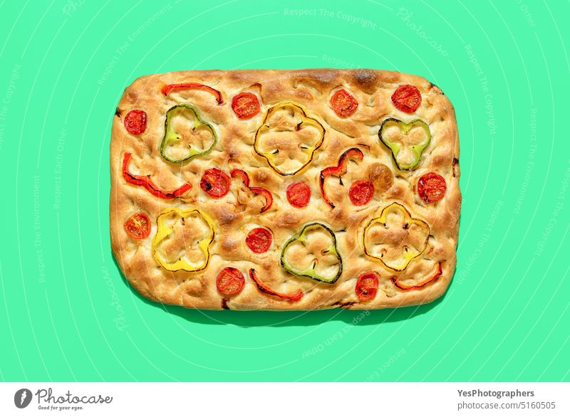 Vegan focaccia above view, minimalist on a green background baked bakery bread bright color copy space cuisine cut out delicious diet flat lay flatbread food