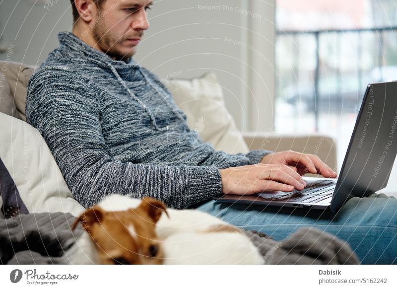 Man using laptop at living room work home man remote lifestyle online freelancer work from home dog pet busy business workplace interior portrait internet