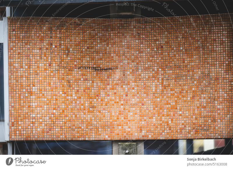 orange Orange mosaic tiles Wall (building) Deserted Retro Abstract Architecture Mosaic Exterior shot Tile Pattern Structures and shapes Colour photo Many