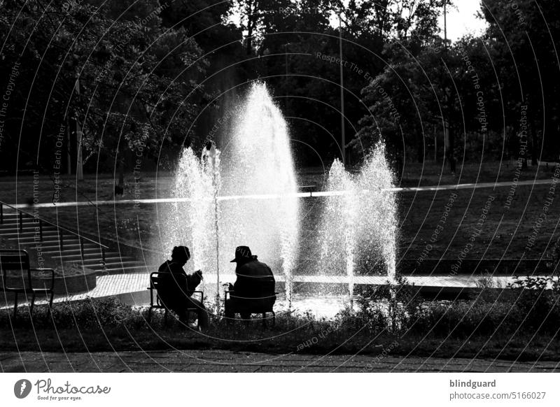 Poetry does not need color Love Trust age Old rest Break Common ground talk maintain Pond Stairs Couple Hat Man Woman water features Black White Gray Chair