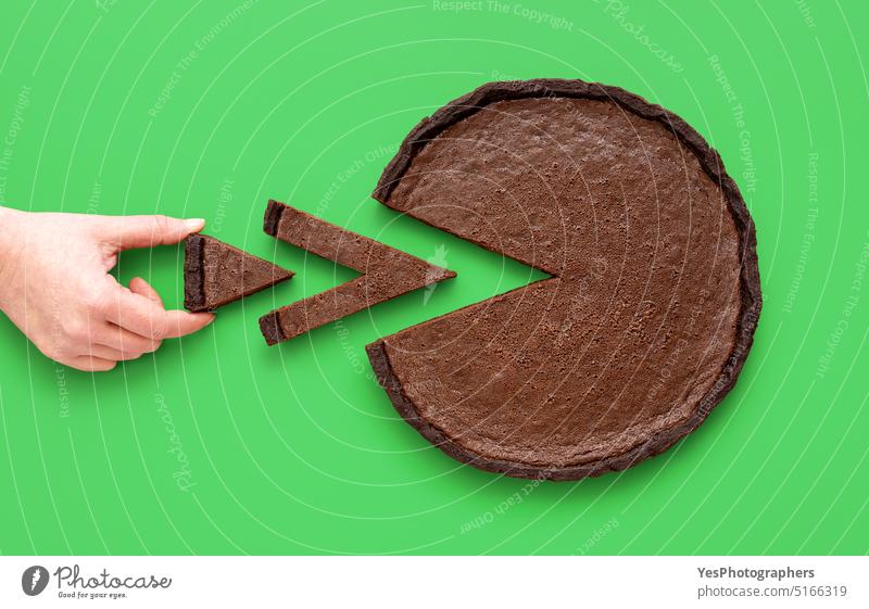 Pie chart concept, woman taking a small slice of chocolate tart above background baked black bright brown business cake calories cocoa color copy space creative
