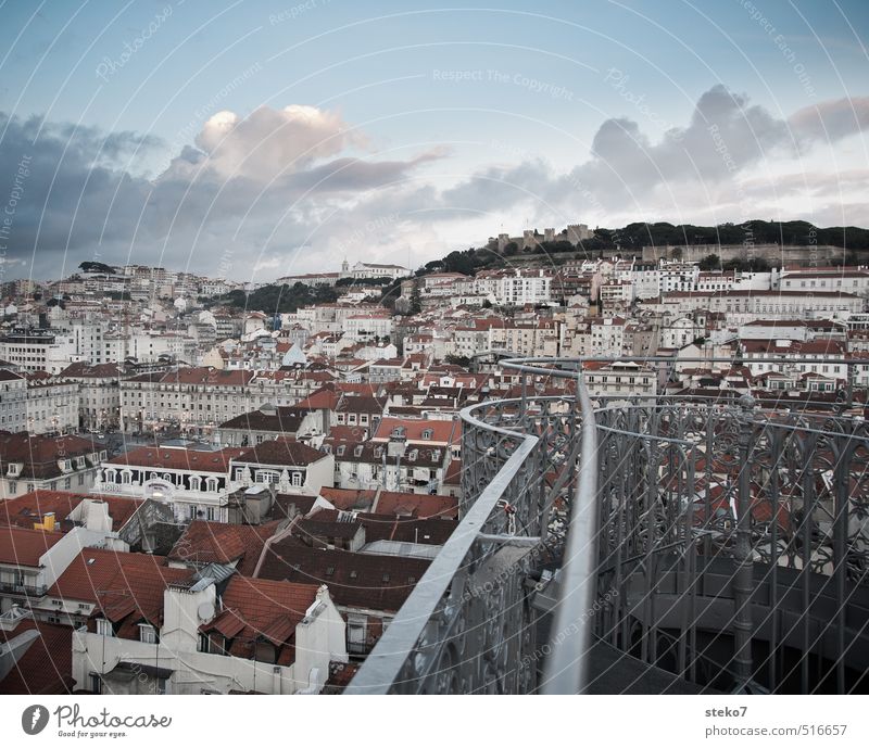 Balcony over Lisbon Capital city Downtown Roof Blue Red White Town Colour photo Exterior shot Deserted Twilight Panorama (View)