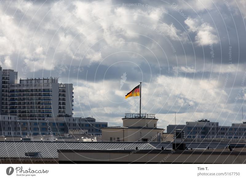 Berlin center with flag Sky Colour Flag Middle Downtown Berlin Town Clouds Capital city Architecture Germany Deserted City Manmade structures Exterior shot