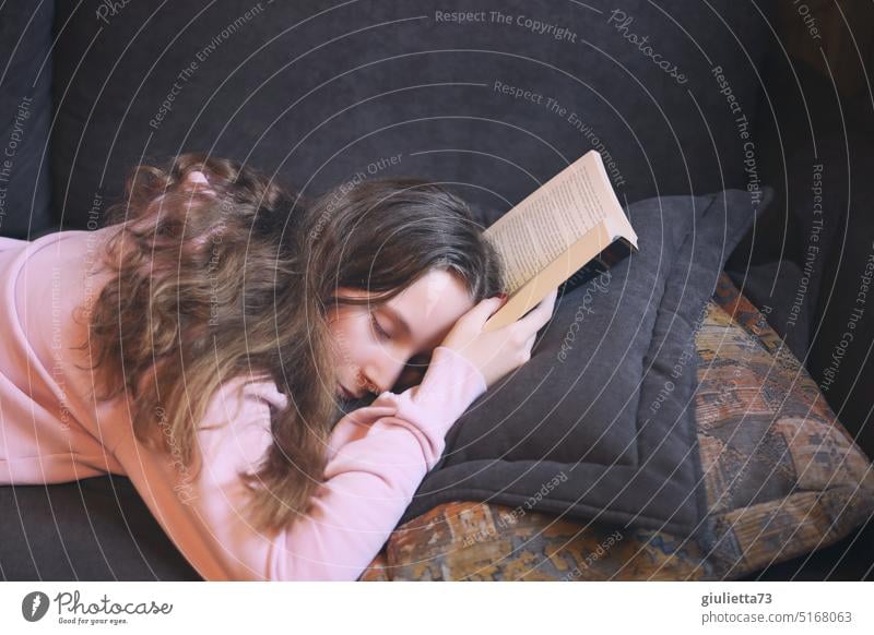 Portrait - long haired teenage girl sleeping on couch - fell asleep while reading a book portrait Girl Human being Woman Young woman Youth (Young adults)