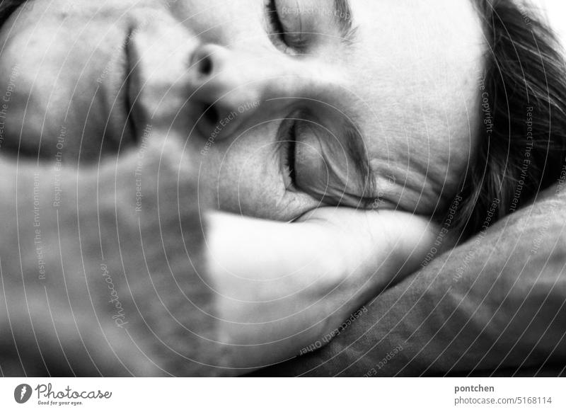 face of sleeping woman lying on her hand Sleep Woman Lie Bed tired black-white Fatigue Dream Relaxation Contentment Closed eyes portrait Interior shot Adults