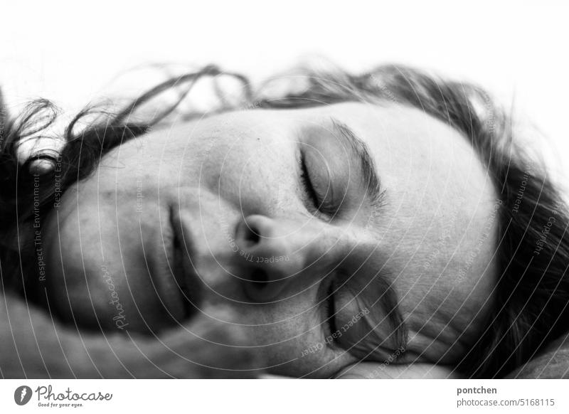 head of sleeping woman in side position. female face. black and white Sleep Woman Lie Lateral position Peaceful black-white Relaxation Fatigue Dream Closed eyes